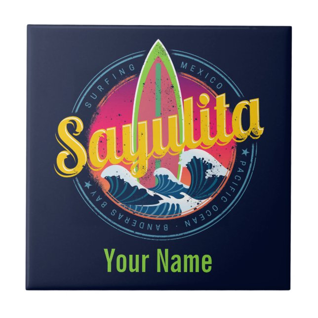 Sayulita Mexico Surfer Vintage Wave Sunset Bigwave Tile (Front)