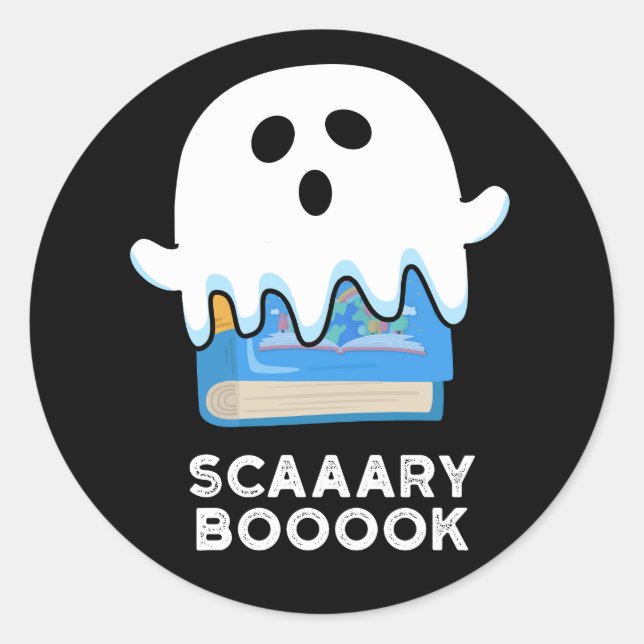 Scaaaary Booook Funny Ghost Book Pun Dark BG Classic Round Sticker (Front)