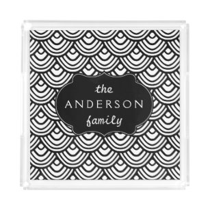 Scale Scallop Pattern Personalized Black and White Acrylic Tray