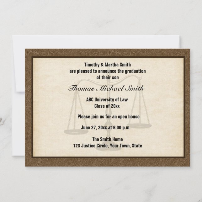 Scales of Justice, Brown, Graduate Annoucement Invitation (Front)