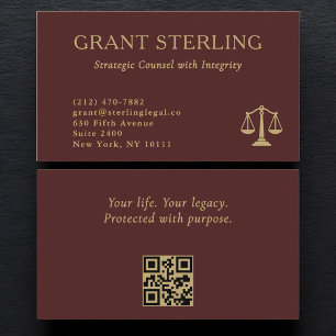 Scales of Justice Burgundy Gold Legal QR Code  Business Card