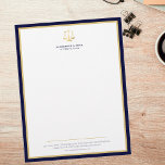 Scales of justice elegant attorney gold logo navy letterhead<br><div class="desc">Luxury attorney lawyer law office simple elegant luxury upscale navy gold personalized letterhead with scales of justice logo (you can change it with your own).                             Suitable for a law firm,  notary,  lawyer,  attorney,  advocate,  legal advisers,  or any other law services business.</div>