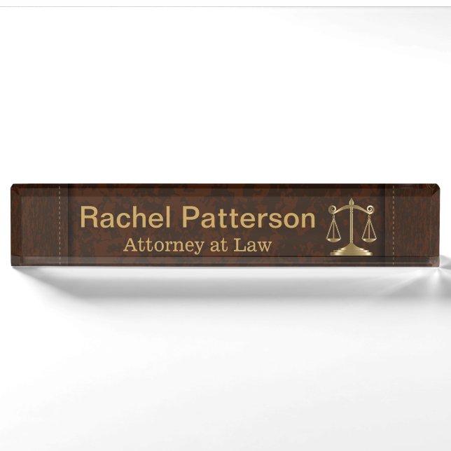 Scales of Justice | Lawyer | Rustic Brown Leather Nameplate (Front)