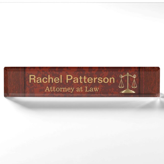 Scales of Justice | Lawyer | Rustic Red Leather Nameplate (Front)