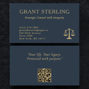 Scales of Justice Navy Blue Gold Legal QR Code Business Card