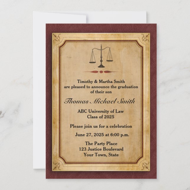 Scales of Justice, Parchment, Grad Announcement (Front)