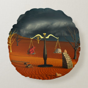 Scales of Truth – Surreal Desert Symbolism Round Pillow
