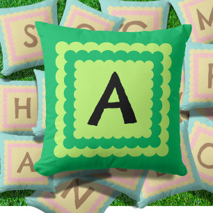Scallop Alphabet Monogram Scalloped design green Throw Pillow