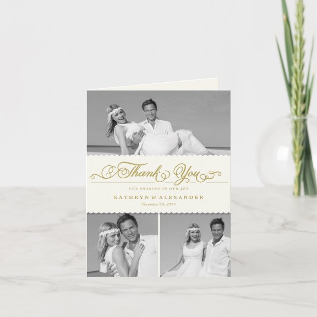 Scallop Band Romantic Script 3 Multi Photo Wedding Thank You Card (Front)