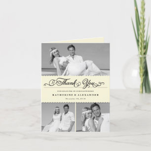 Scallop Band Romantic Script 3 Multi Photo Wedding Thank You Card