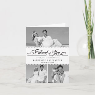 Scallop Band Romantic Script 3 Multi Photo Wedding Thank You Card