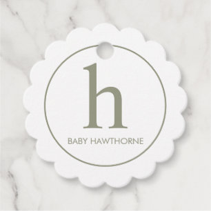 Scallop Elegant Monogram Sage Green Baby Shower Favour Tags