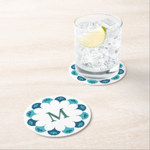 Scallop Floral Custom Colours Monogram Round Paper Coaster