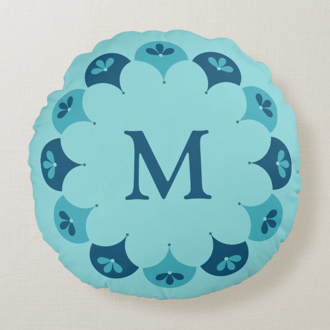 Scallop Floral Custom Colours Monogrammed Round Pillow (Front)