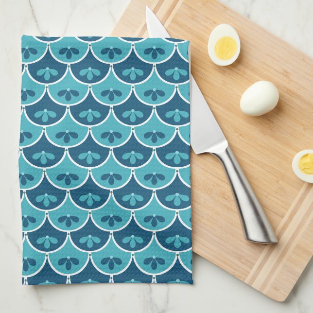 Scallop Floral Pattern Custom Colours Kitchen Towel (Quarter Fold)