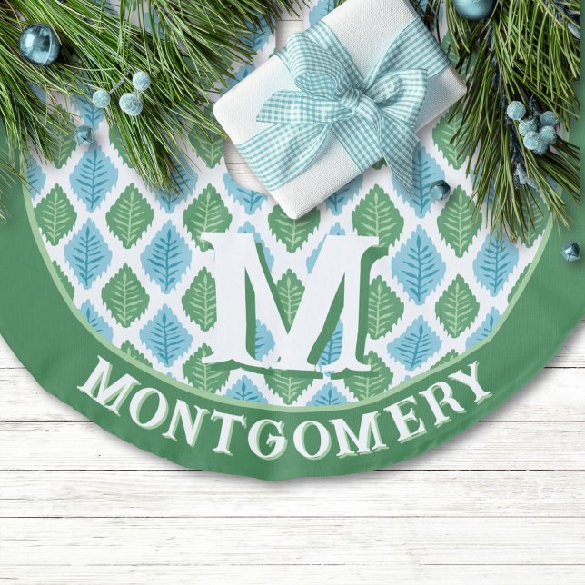 Scallop Leaf Diamond in Green + Aqua Personalized Faux Linen Tree Skirt (Creator Uploaded)