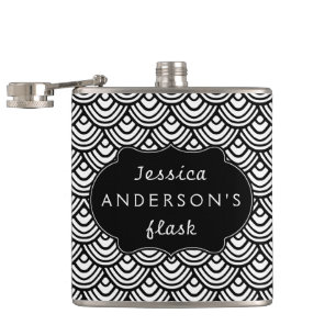 Scallop Scale Pattern Personalized Black and White Hip Flask