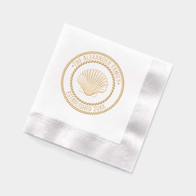 Scallop Shell #3 Family Name Date Estd Rope Frame  Foil Napkins (Left)