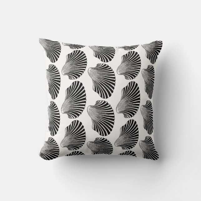Scallop Shell Block Print, Black and White Throw Pillow (Front)