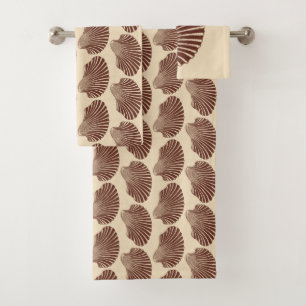 Scallop Shell Block Print, Brown and Beige Bath Towel Set