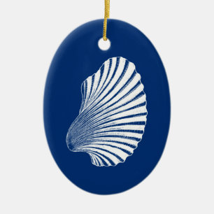 Scallop Shell Block Print, Cobalt Blue and White  Ceramic Ornament