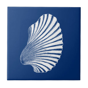 Scallop Shell Block Print, Cobalt Blue and White  Tile