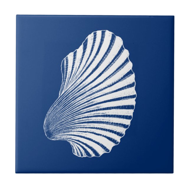 Scallop Shell Block Print, Cobalt Blue and White  Tile (Front)