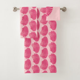 Scallop Shell Block Print, Fuchsia and Pale Pink Bath Towel Set
