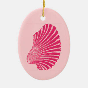 Scallop Shell Block Print, Fuchsia and Pale Pink  Ceramic Ornament