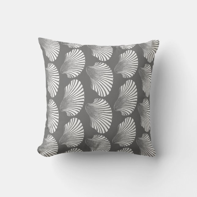 Scallop Shell Block Print, Grey / Grey and White Throw Pillow (Front)
