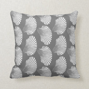 Scallop Shell Block Print, Grey / Grey and White Throw Pillow