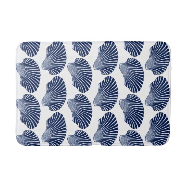 Scallop Shell Block Print, Indigo and White Bath Mat (Front)