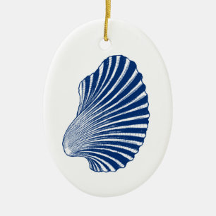 Scallop Shell Block Print, Indigo and White Ceramic Ornament