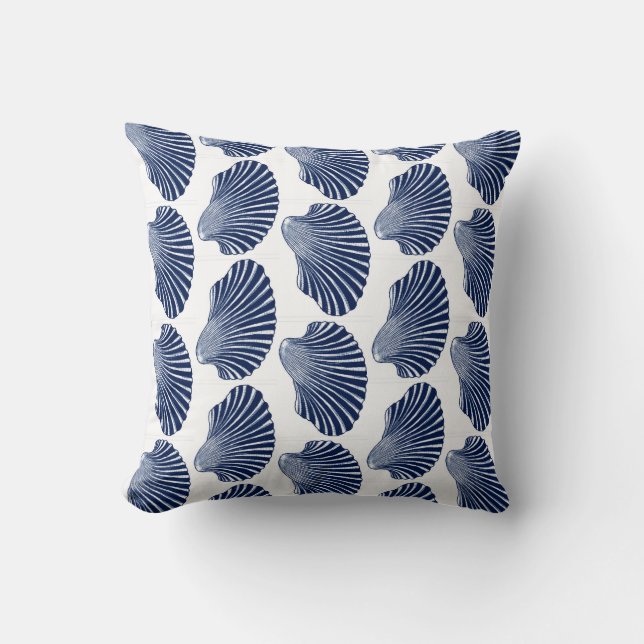 Scallop Shell Block Print, Indigo and White Throw Pillow (Front)