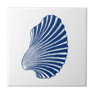 Scallop Shell Block Print, Indigo and White  Tile
