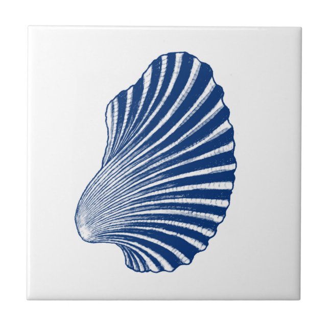 Scallop Shell Block Print, Indigo and White  Tile (Front)