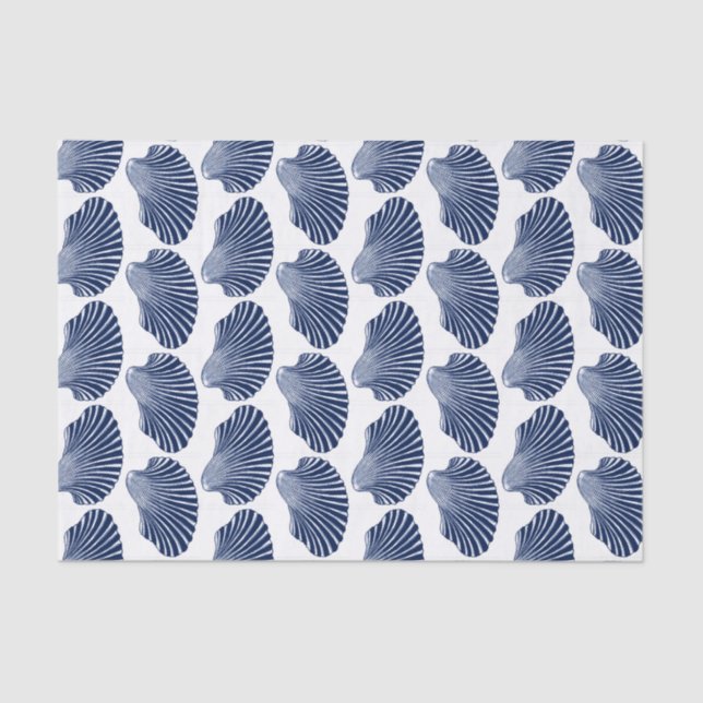Scallop Shell Block Print, Indigo and White Tissue Paper (Front)
