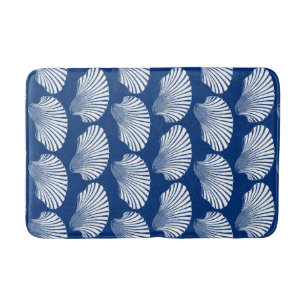 Scallop Shell Block Print, Navy Blue and White Bath Mat