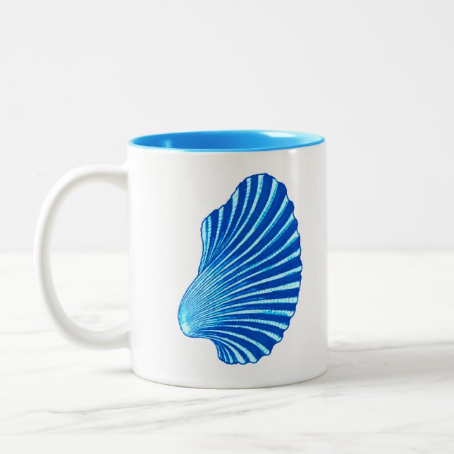 Scallop Shell Block Print, Sea Blue and White Two-Tone Coffee Mug (Left)