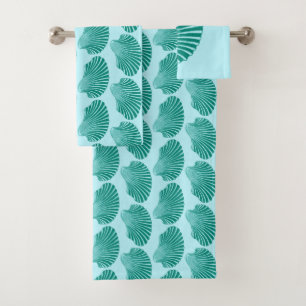 Scallop Shell Block Print, Turquoise and Aqua Bath Towel Set