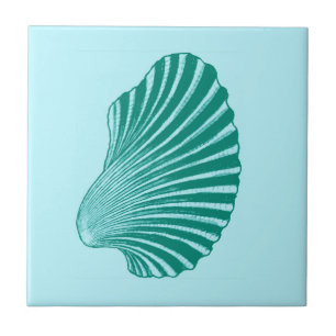 Scallop Shell Block Print, Turquoise and Aqua   Tile