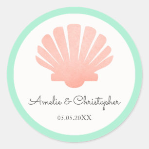 Scallop Shell Coral & Mint   Personalized Wedding Classic Round Sticker