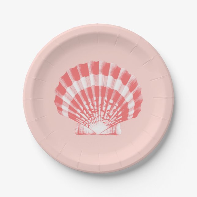 Scallop Shell - coral pink and white Paper Plate (Front)