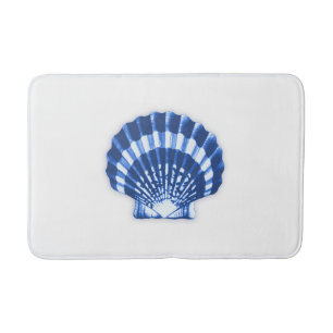 Scallop Shell - Navy Blue on a White Background Bath Mat