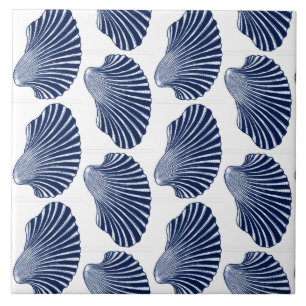 Scallop Shell Print, Indigo and White Tile