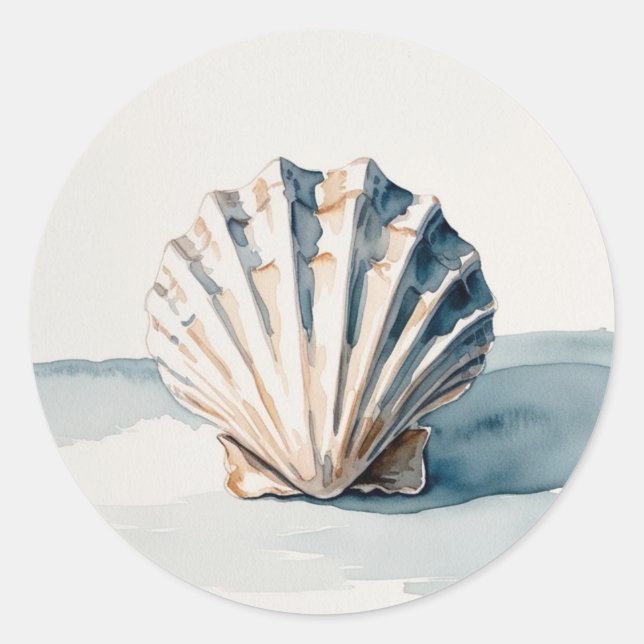 Scallop Shell Watercolor Art – Coastal Blue  Classic Round Sticker (Front)