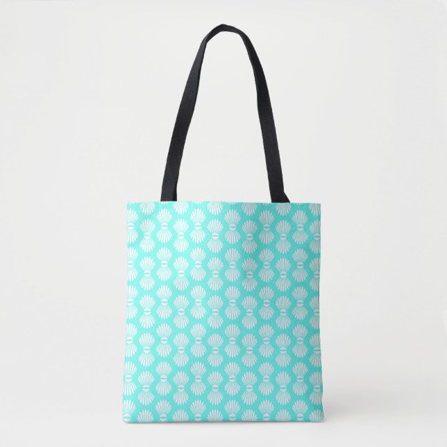 Scallop Shells Pattern Aquamarine and White Tote Bag (Front)