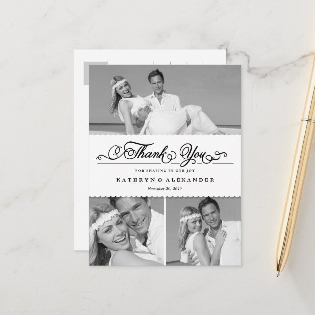 Scalloped Band And Script Photo Wedding Thank You Postcard (Front/Back In Situ)