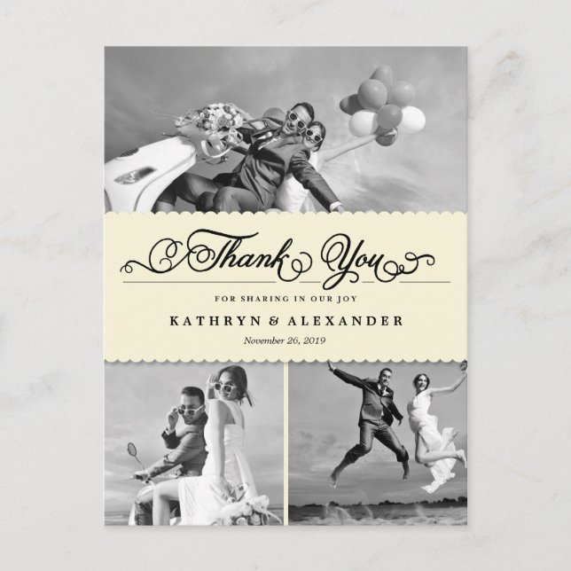 Scalloped Band And Script Photo Wedding Thank You Postcard (Front)
