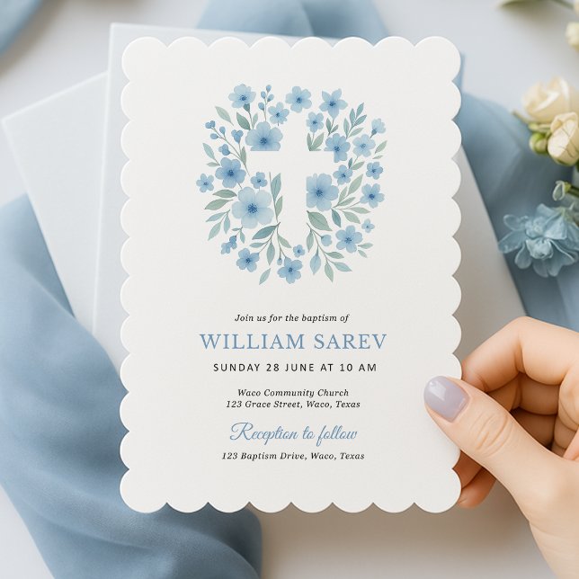 Scalloped Blue Floral Baptism Invitation for Boy  (Scalloped baptism invite with blue floral cross – elegant and timeless for baby boy.)